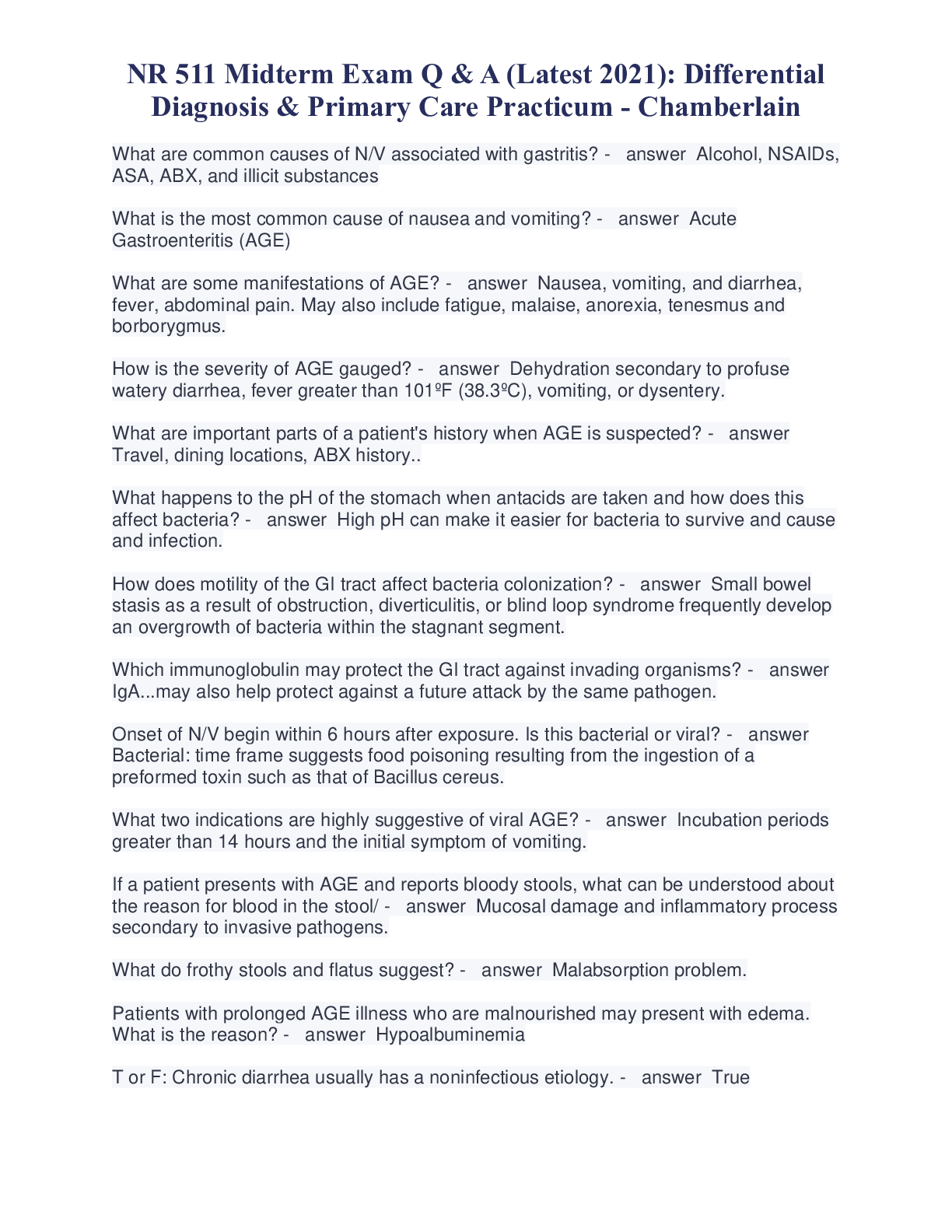 Preview image for NR 511 Midterm Exam Q & A (Latest 2021): Differential Diagnosis & Primary Care Practicum - Chamberlain